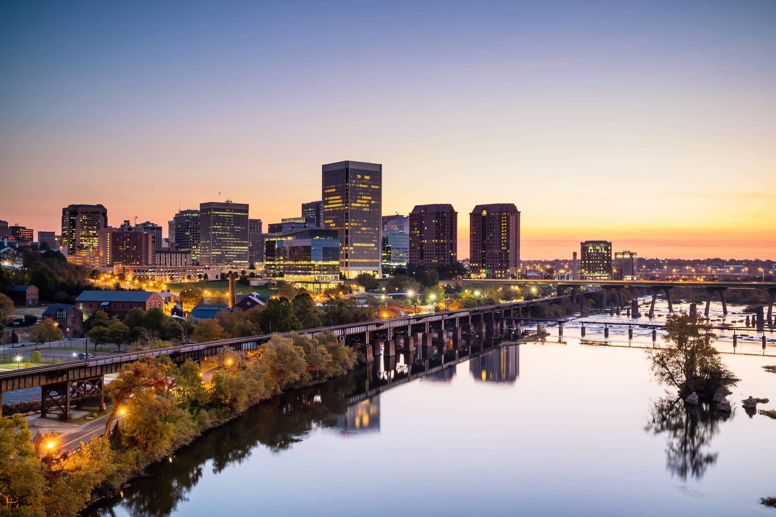 Downtown Richmond, Virginia skyline and the James River.